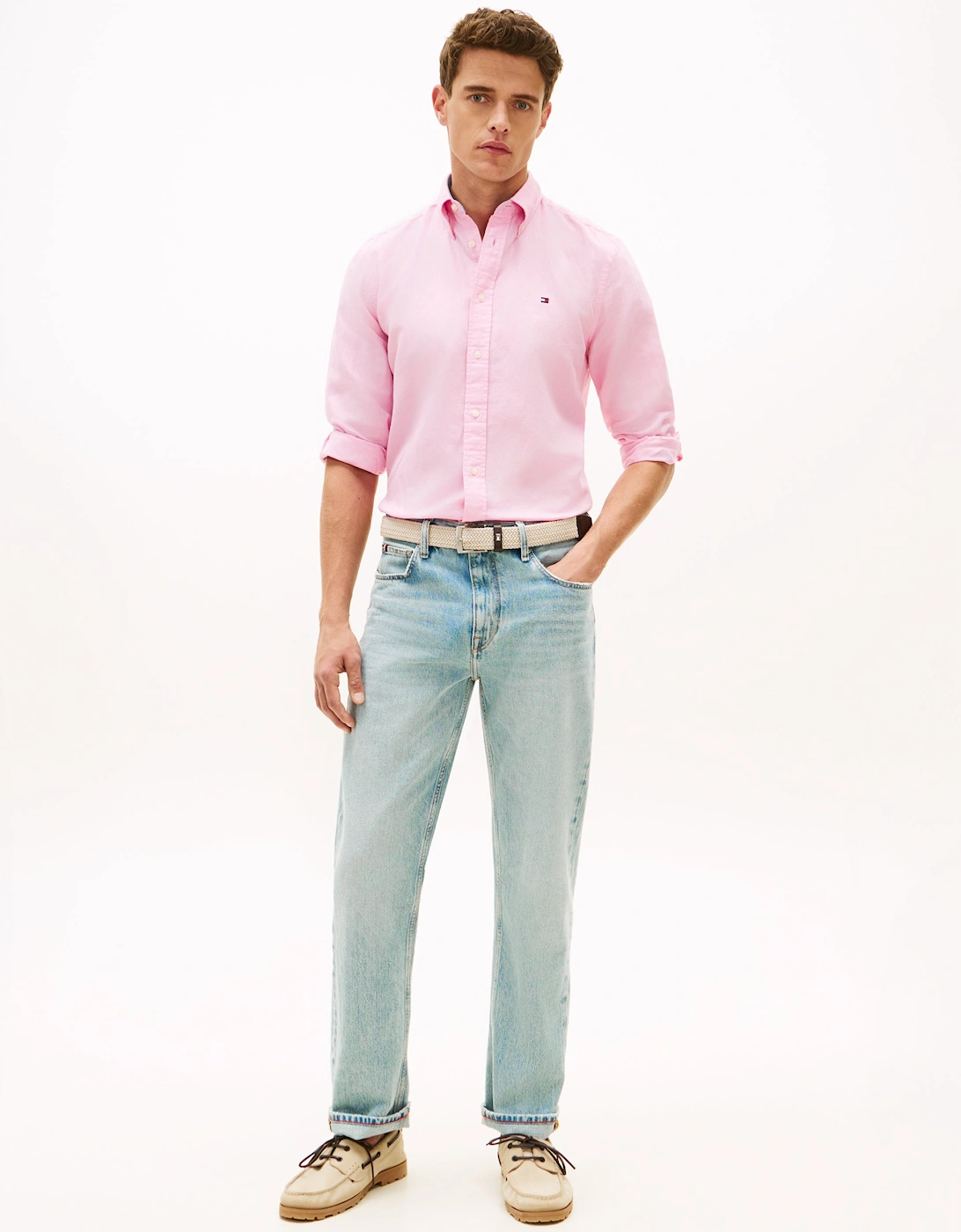Linen Blend Solid Mens Long Sleeve Shirt - Classic Pink