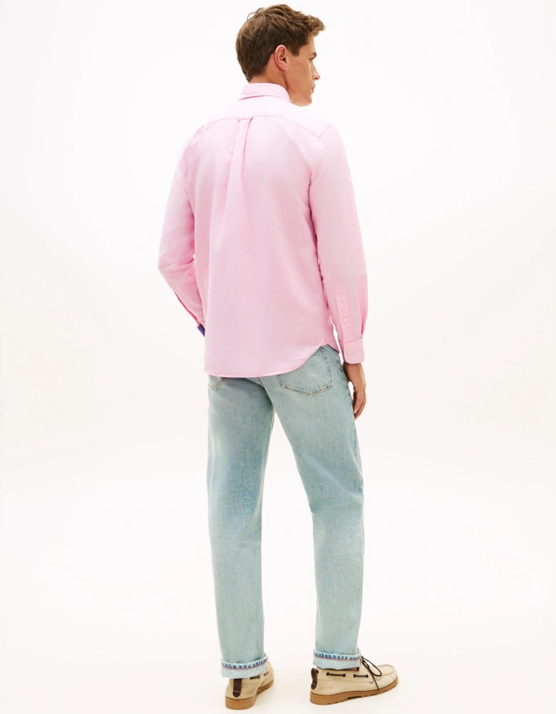 Linen Blend Solid Mens Long Sleeve Shirt - Classic Pink