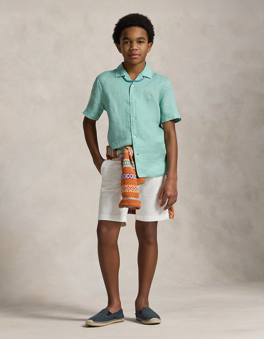 Boys Linen Logo Shirt in Green