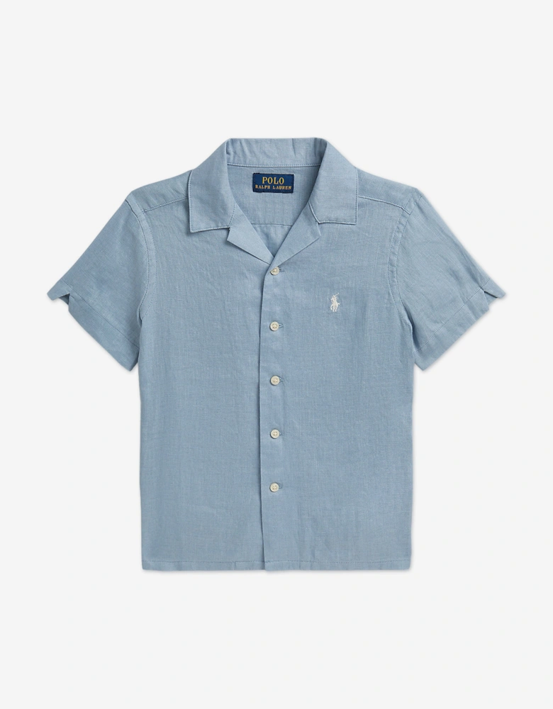 Boys Linen Logo Shirt in Blue