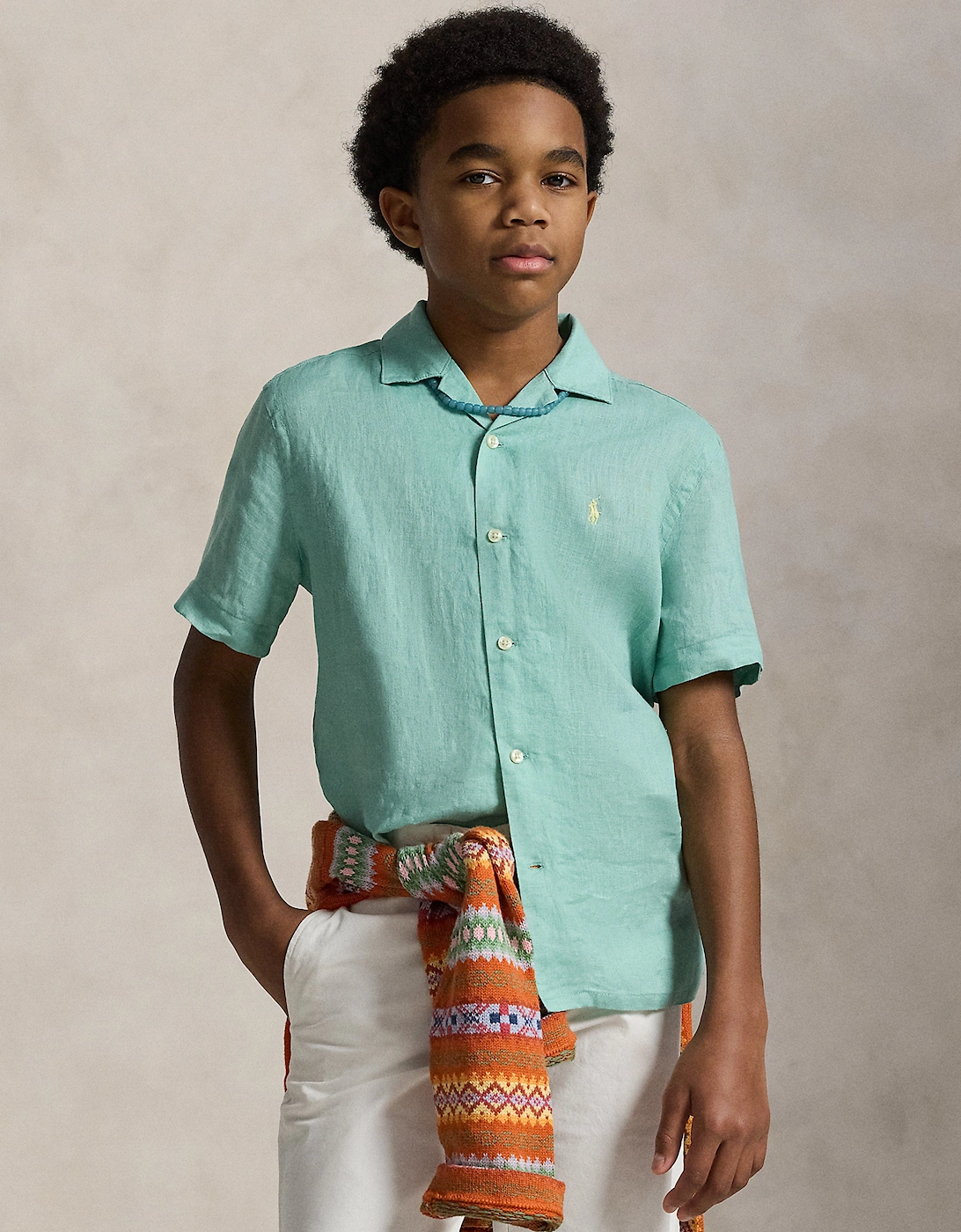 Boys Linen Logo Shirt in Green