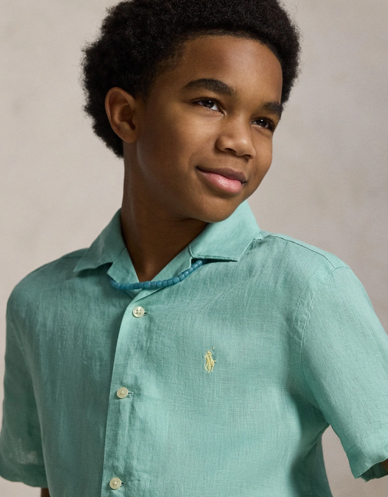 Boys Linen Logo Shirt in Green