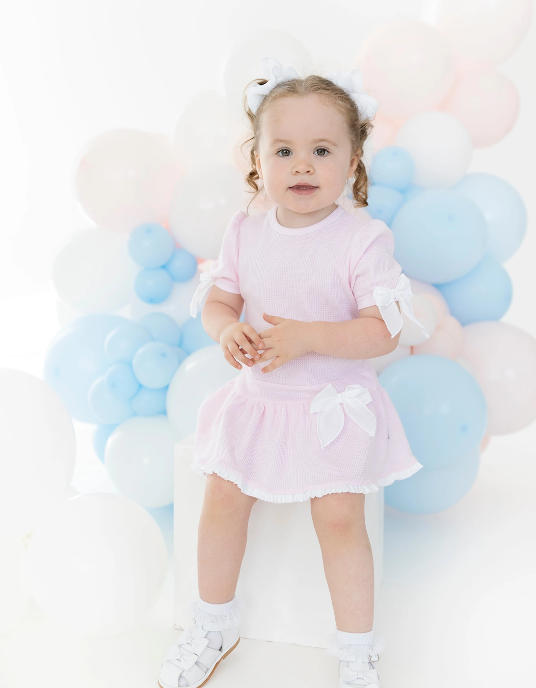 Girls Pale Pink Waffle Bow Dress