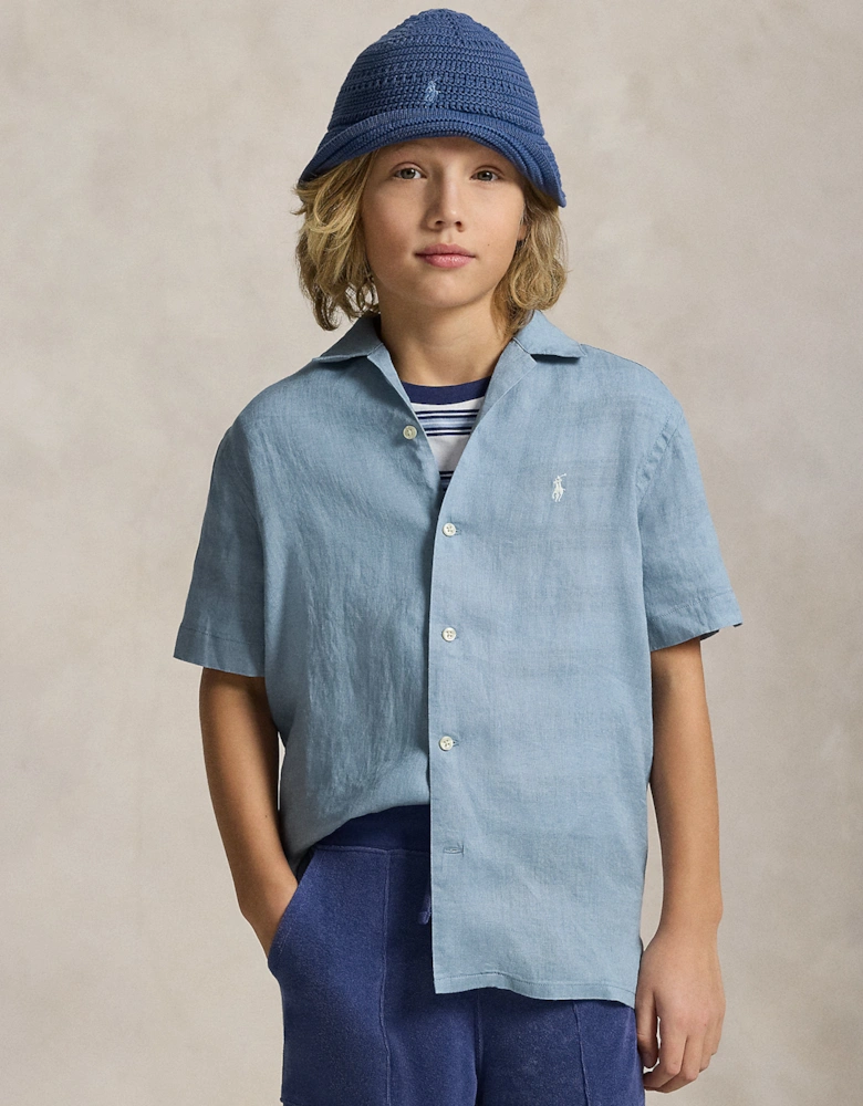 Boys Linen Logo Shirt in Blue
