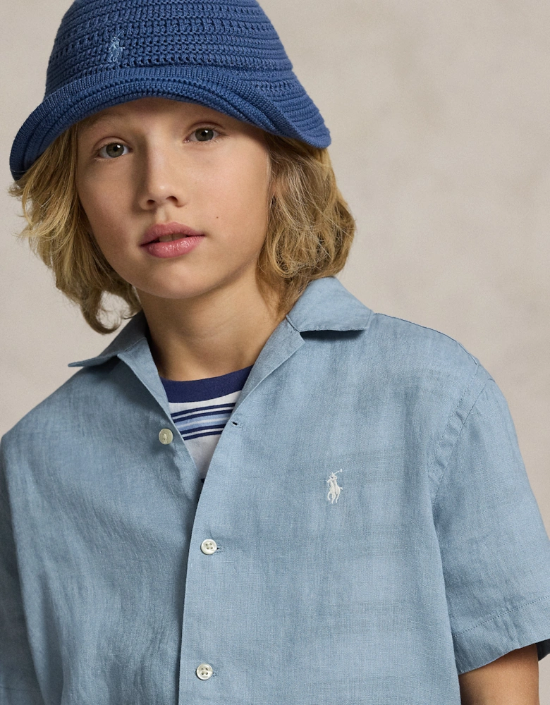 Boys Linen Logo Shirt in Blue
