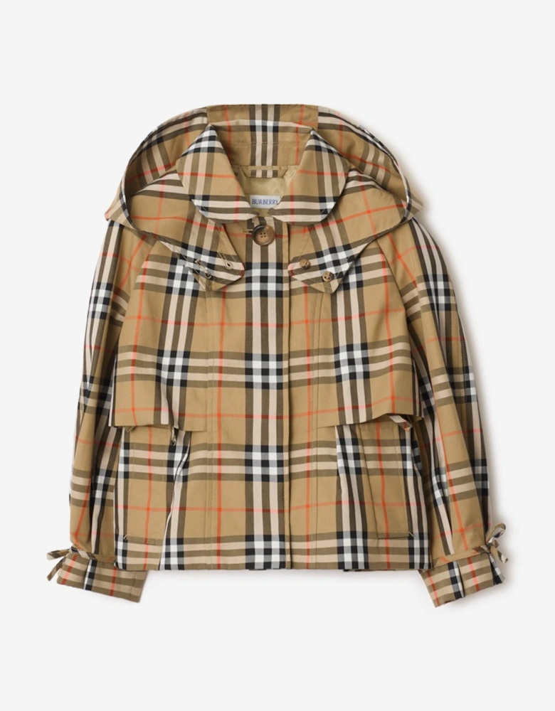 Girls Kimberley Check Trench Jacket with Detachable Hood in Beige