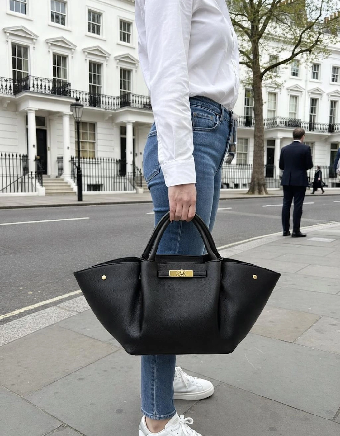 Black leather tote bag