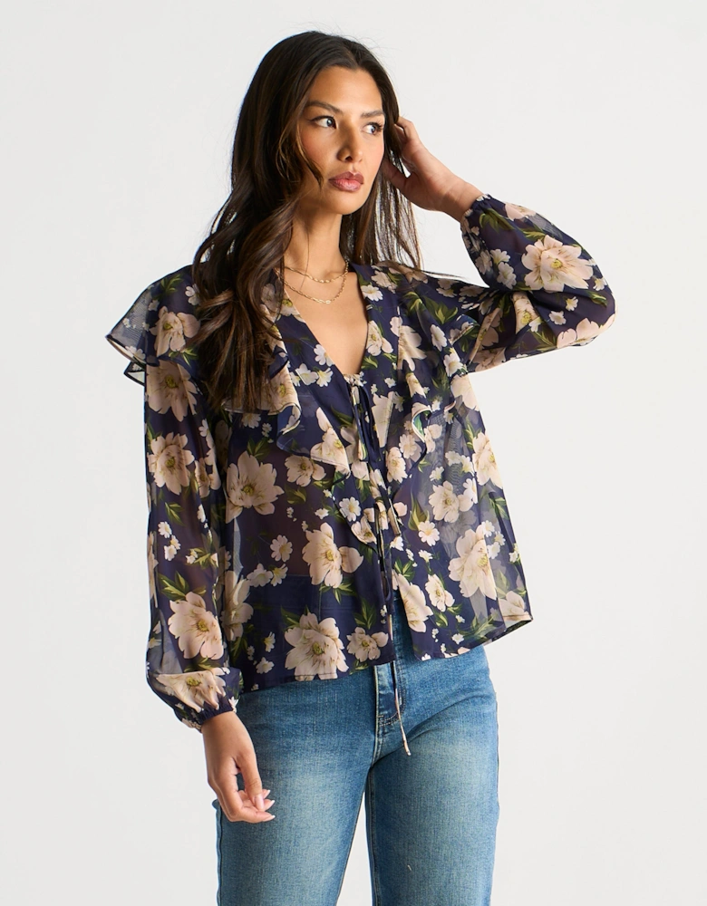 Navy Floral Ruffle Front Blouse