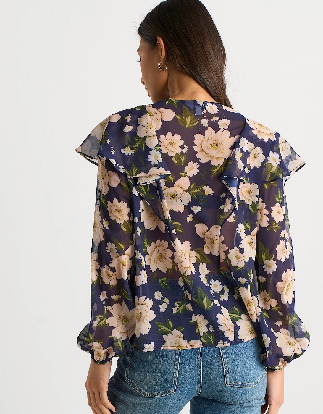 Navy Floral Ruffle Front Blouse