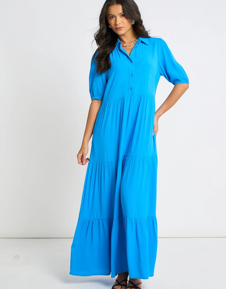 Blue Button Through Skater Maxi Dress