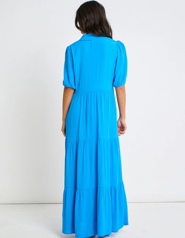Blue Button Through Skater Maxi Dress