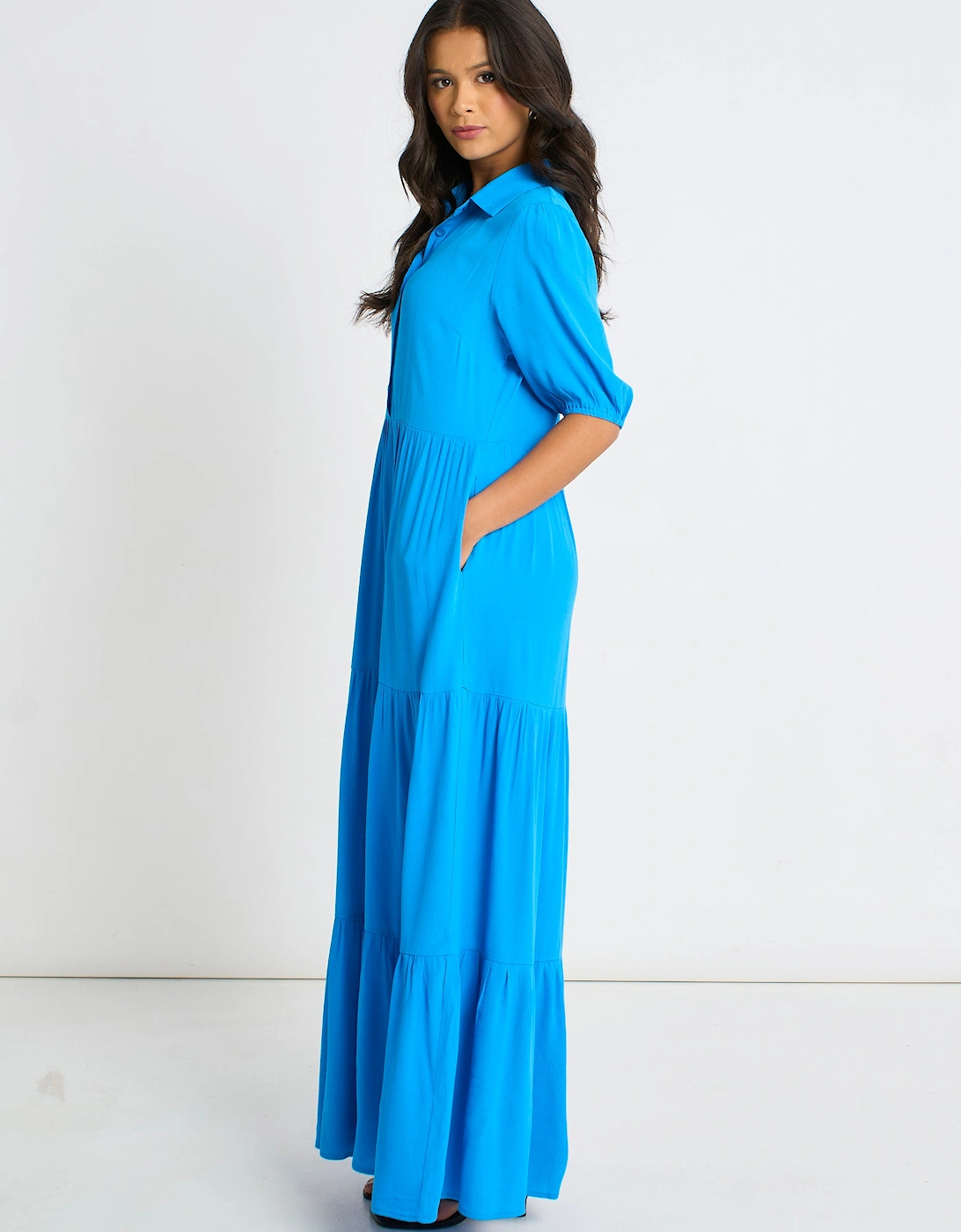 Blue Button Through Skater Maxi Dress