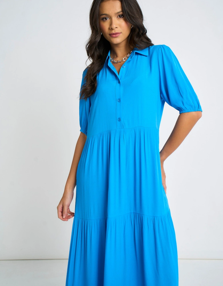 Blue Button Through Skater Maxi Dress
