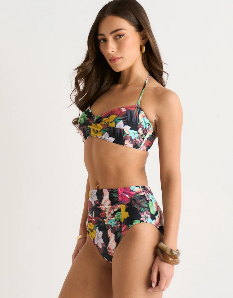 Multi Tropical Floral Ruched Panel Bikini Bottom