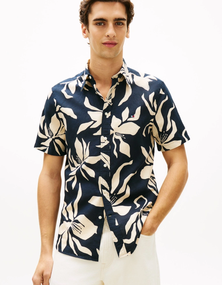Linen Blend Flower Print Mens Short Sleeve Shirt - Dark Night Navy/Allover