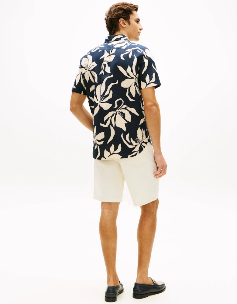 Linen Blend Flower Print Mens Short Sleeve Shirt - Dark Night Navy/Allover