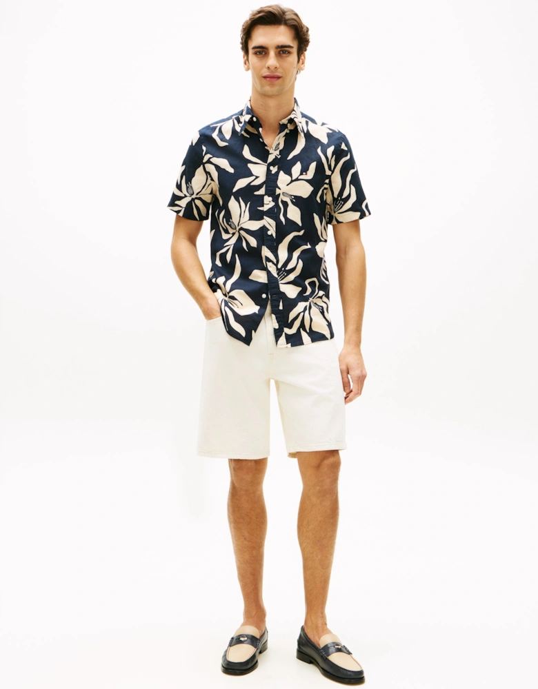 Linen Blend Flower Print Mens Short Sleeve Shirt - Dark Night Navy/Allover