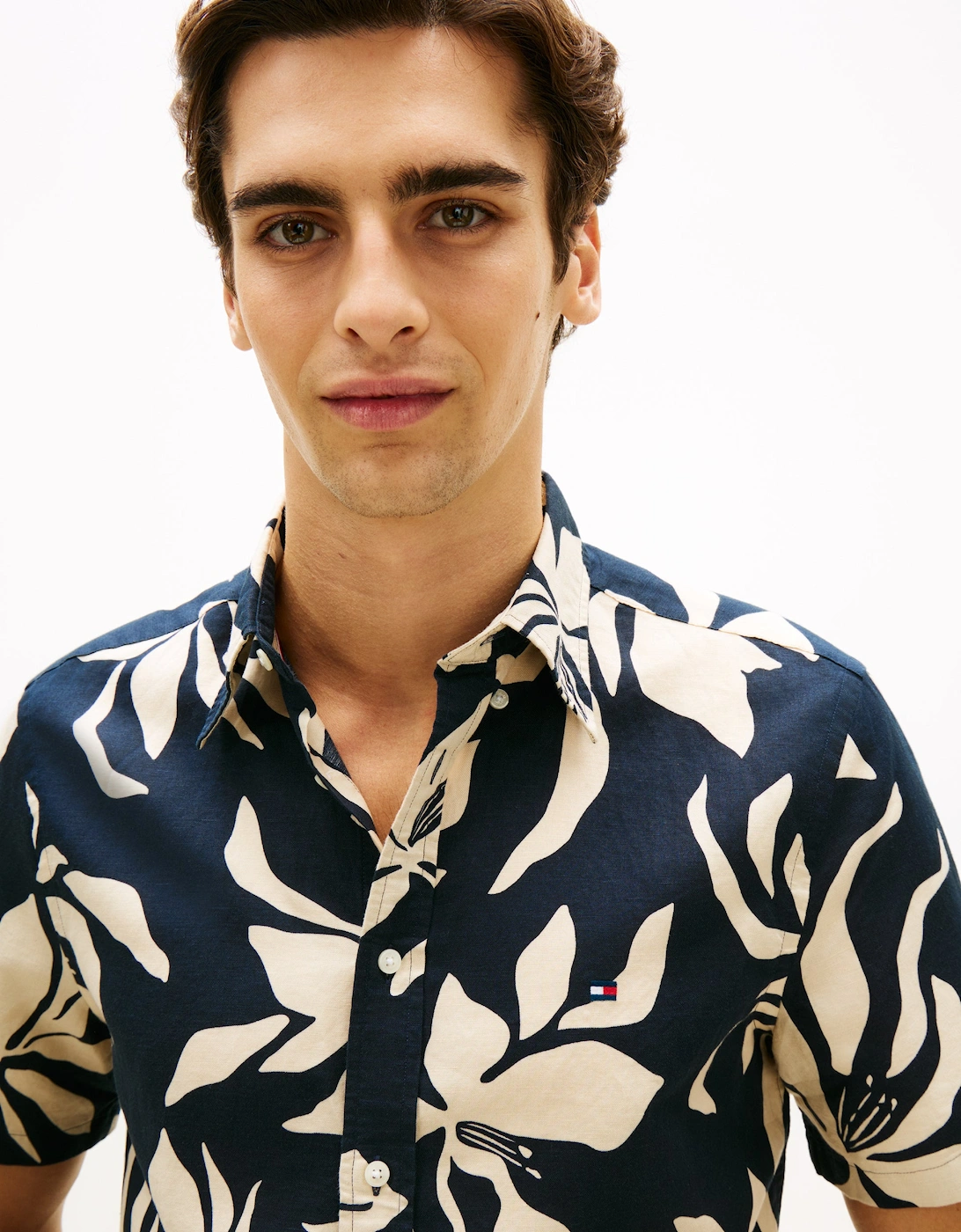 Linen Blend Flower Print Mens Short Sleeve Shirt - Dark Night Navy/Allover