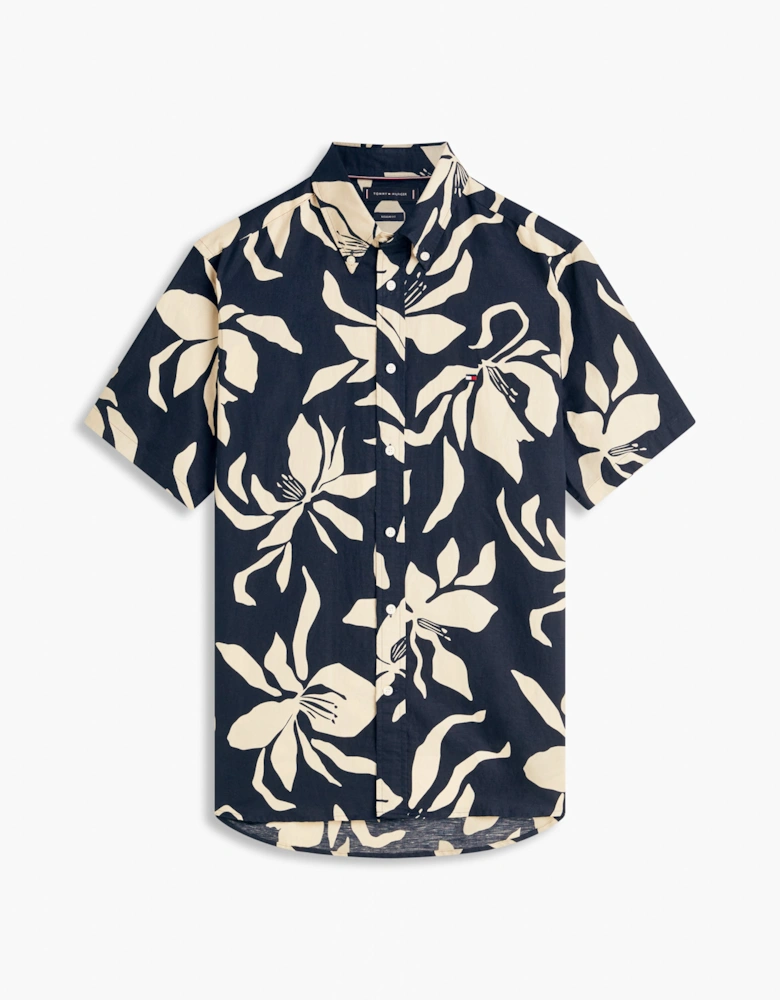 Linen Blend Flower Print Mens Short Sleeve Shirt - Dark Night Navy/Allover