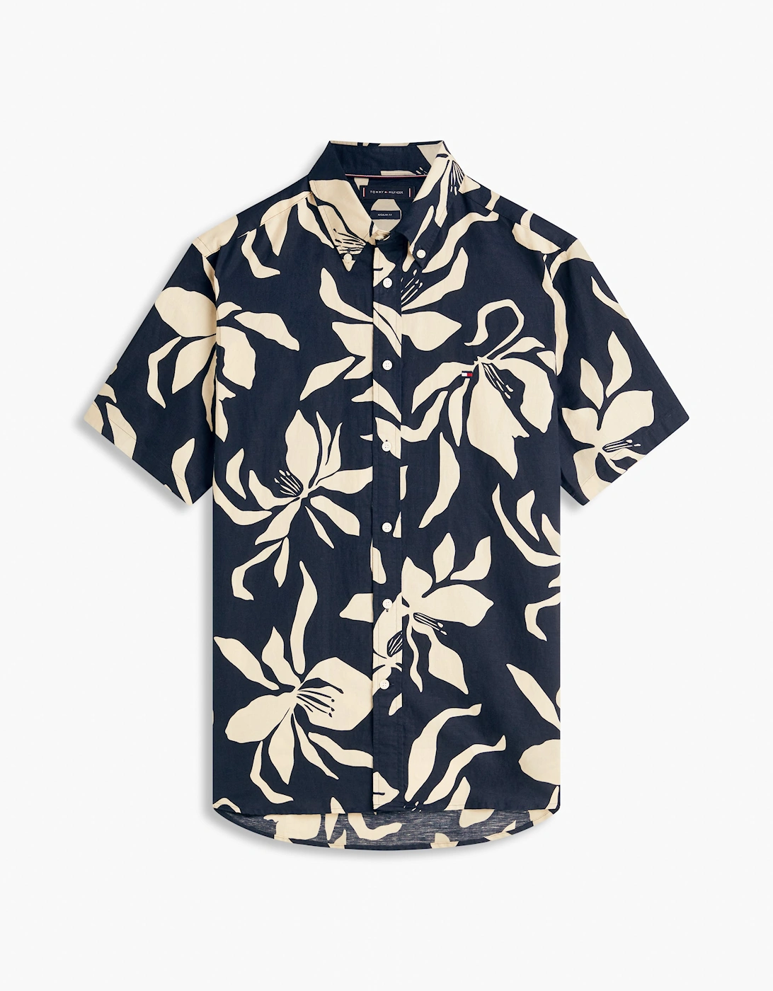 Linen Blend Flower Print Mens Short Sleeve Shirt - Dark Night Navy/Allover