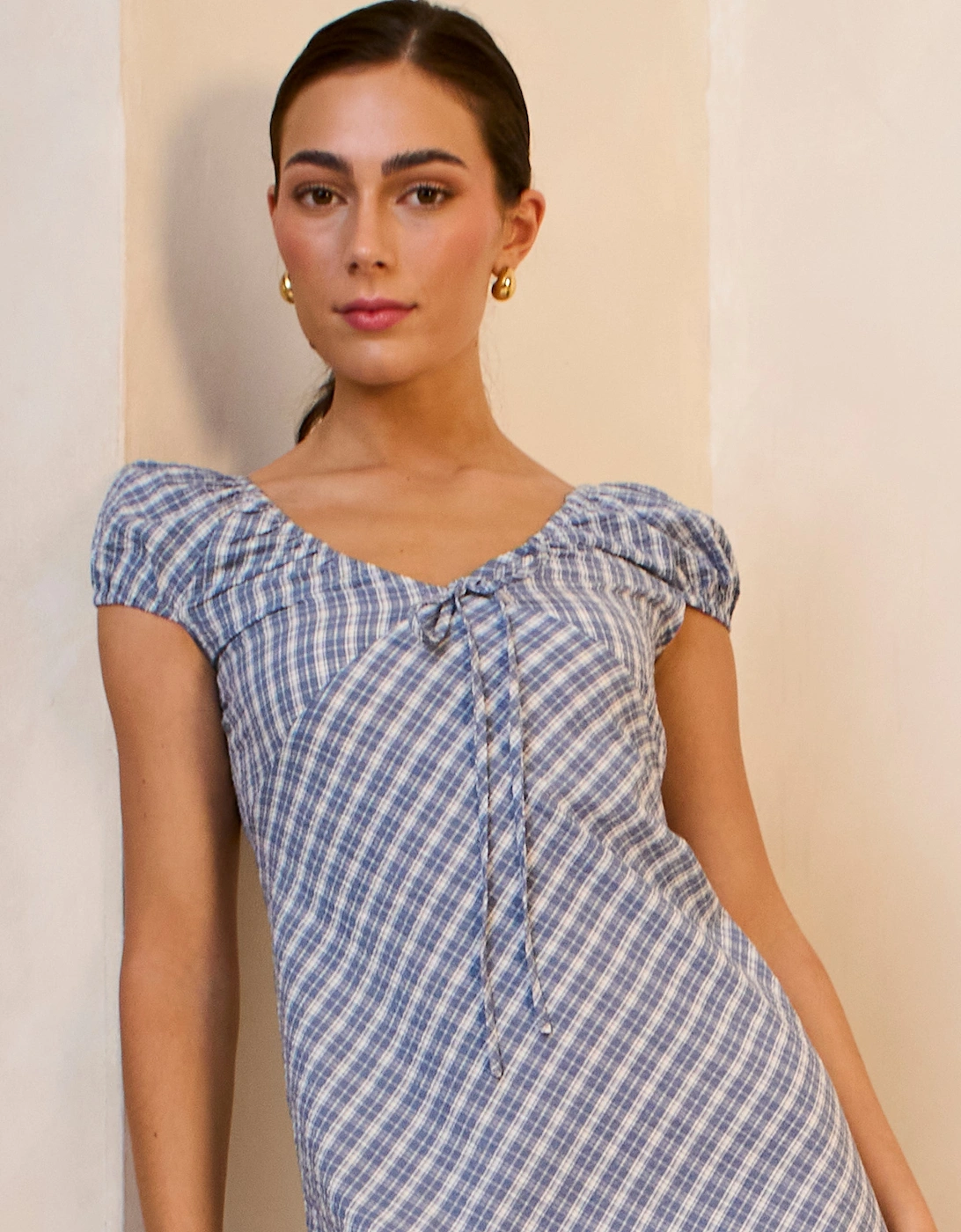 Blue V Neck Textured Gingham Midi Dress