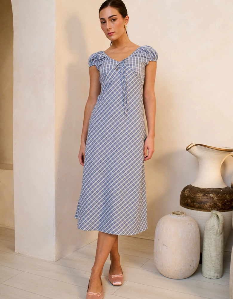 Blue V Neck Textured Gingham Midi Dress
