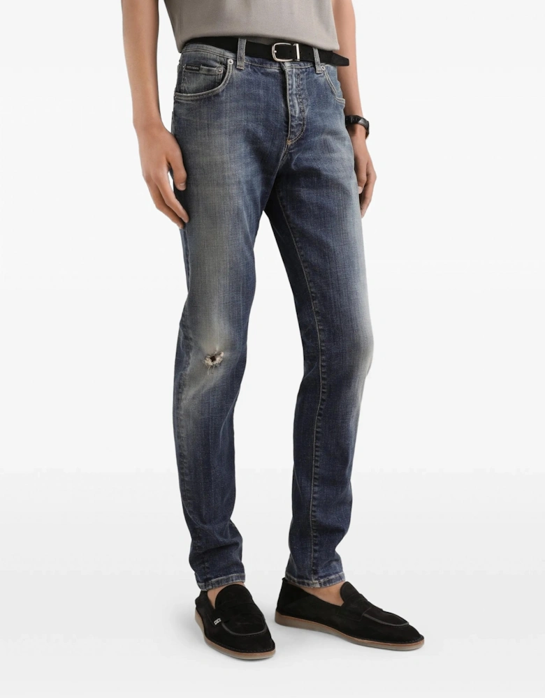 Distressed Plaque Denim Jeans Navy