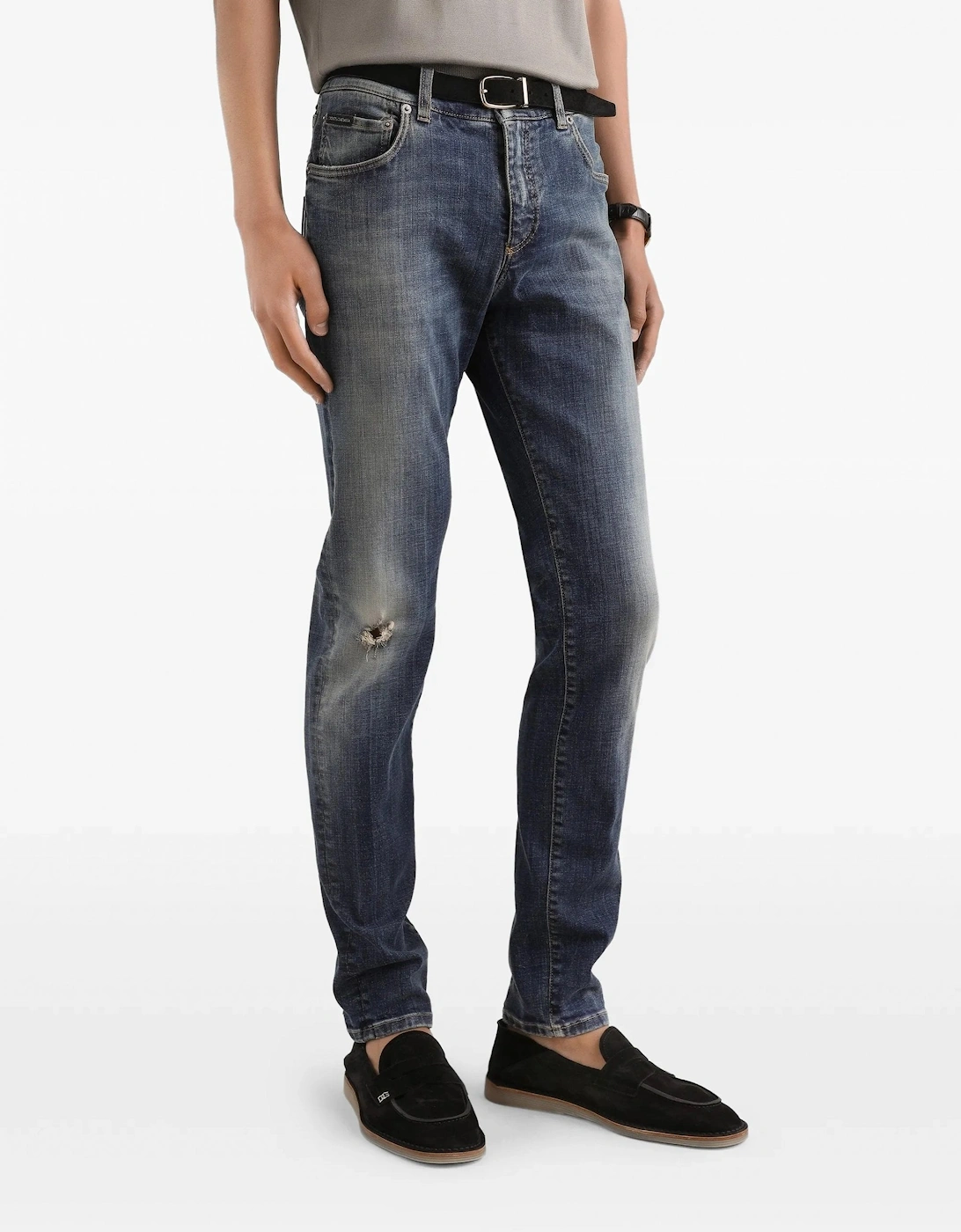 Distressed Plaque Denim Jeans Navy