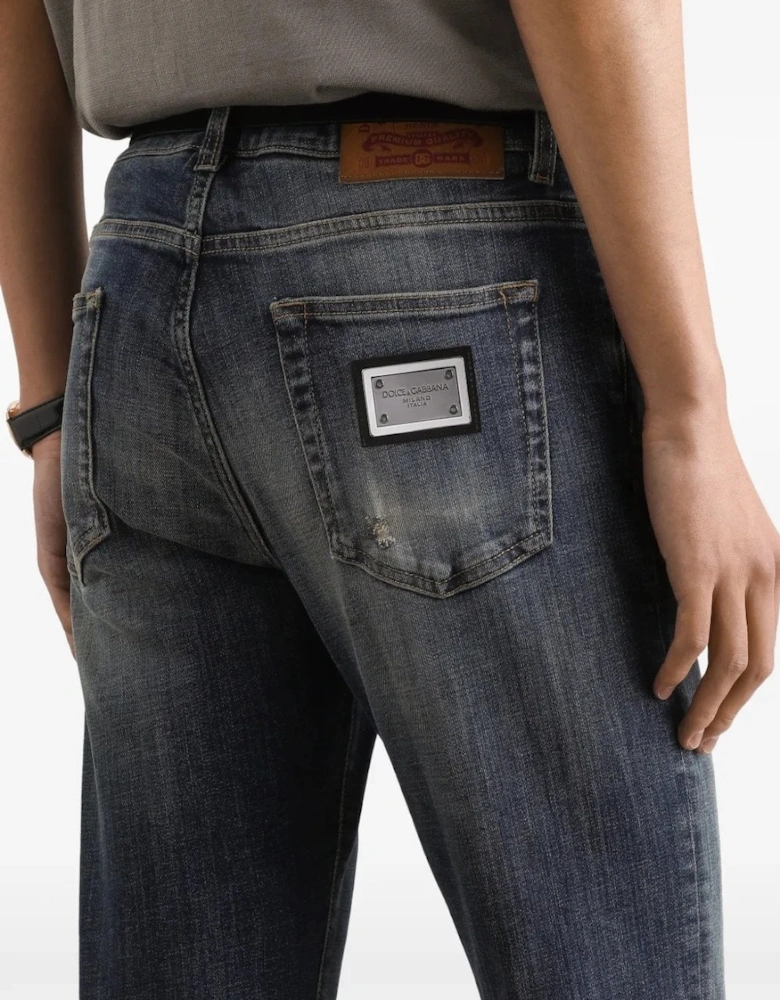 Distressed Plaque Denim Jeans Navy