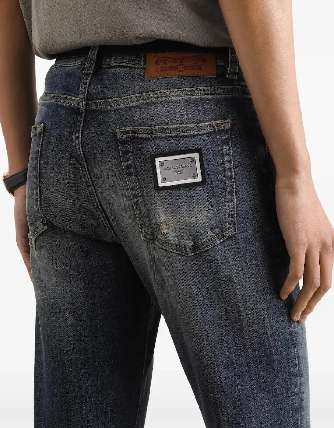 Distressed Plaque Denim Jeans Navy