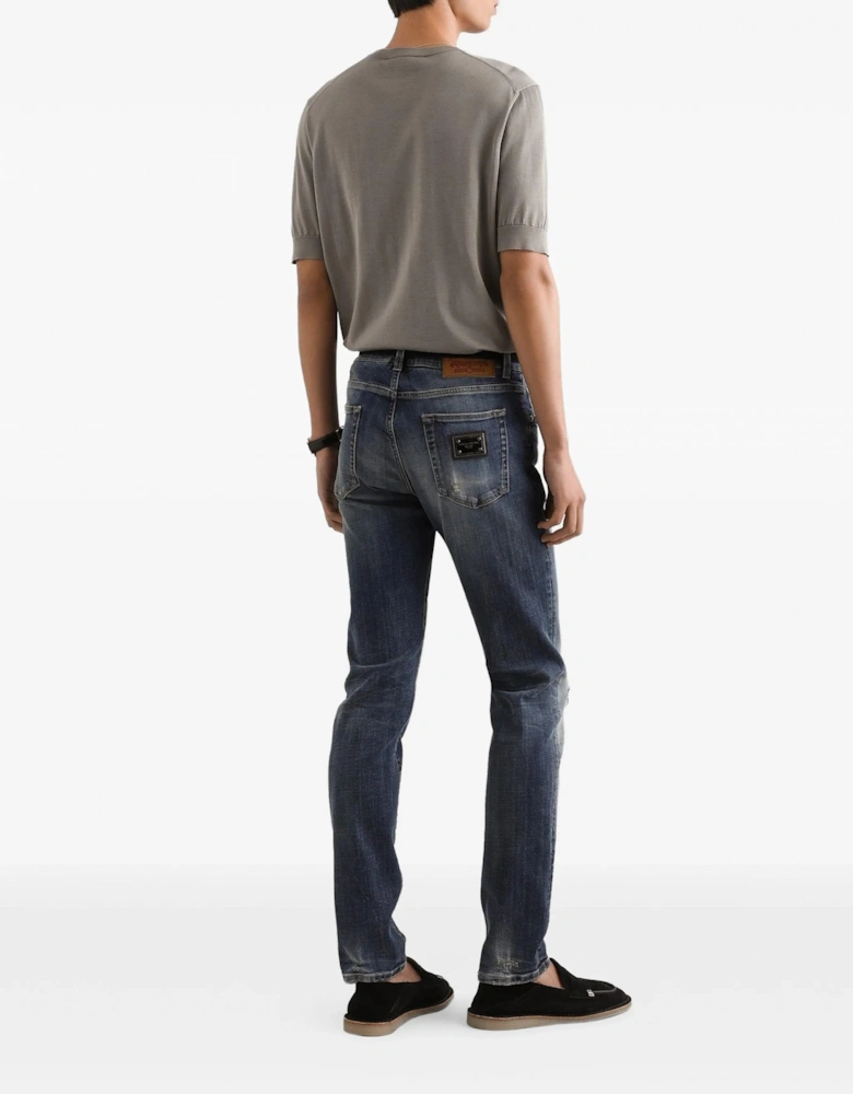 Distressed Plaque Denim Jeans Navy