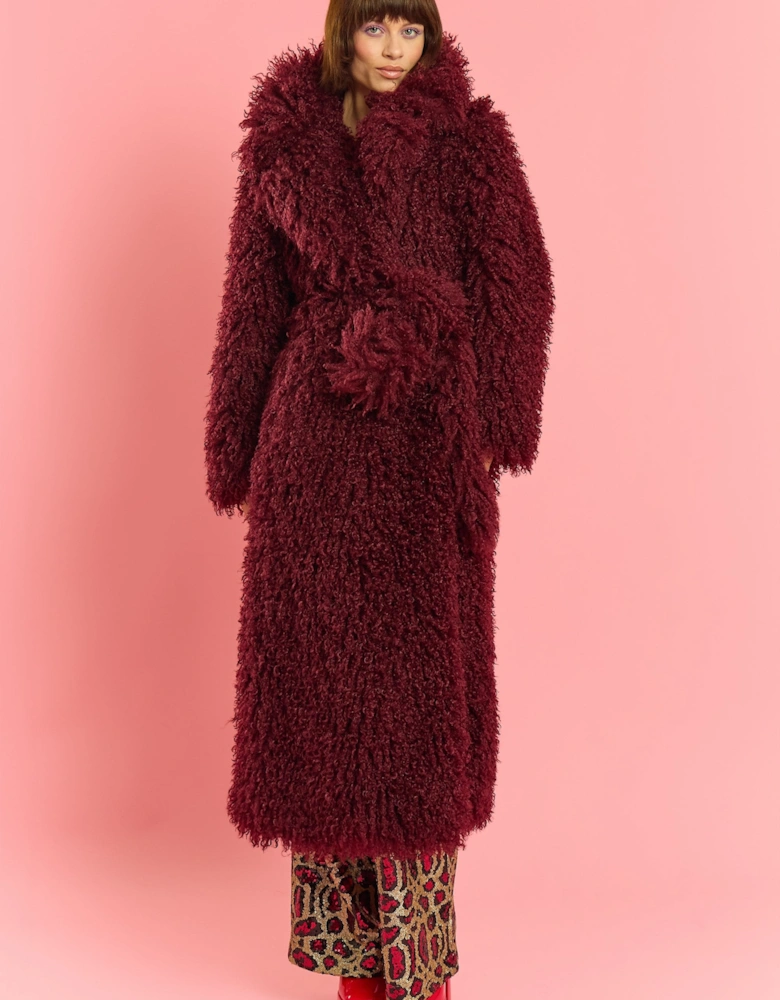 Deep Red Bamboo Blend Faux Shearling Maxi Coat