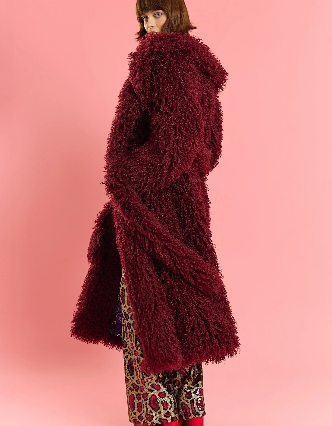 Deep Red Bamboo Blend Faux Shearling Maxi Coat