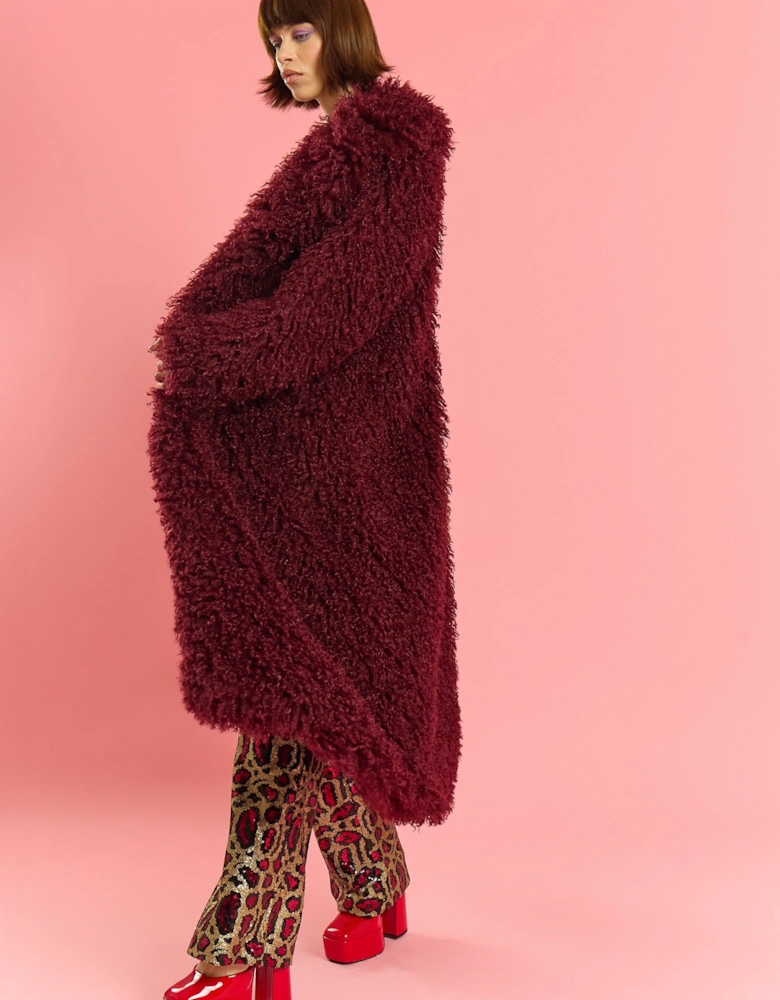 Deep Red Bamboo Blend Faux Shearling Maxi Coat