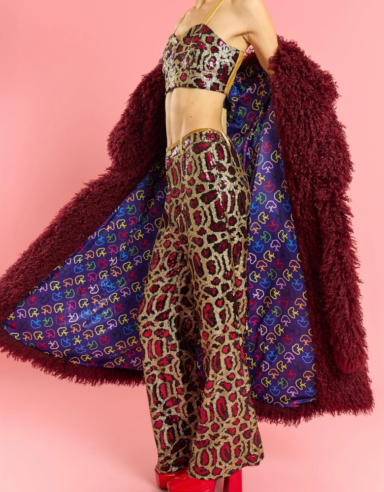 Deep Red Bamboo Blend Faux Shearling Maxi Coat