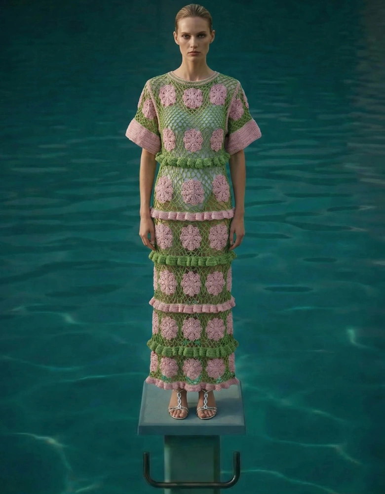 Elle Crochet Dress Green/Pink