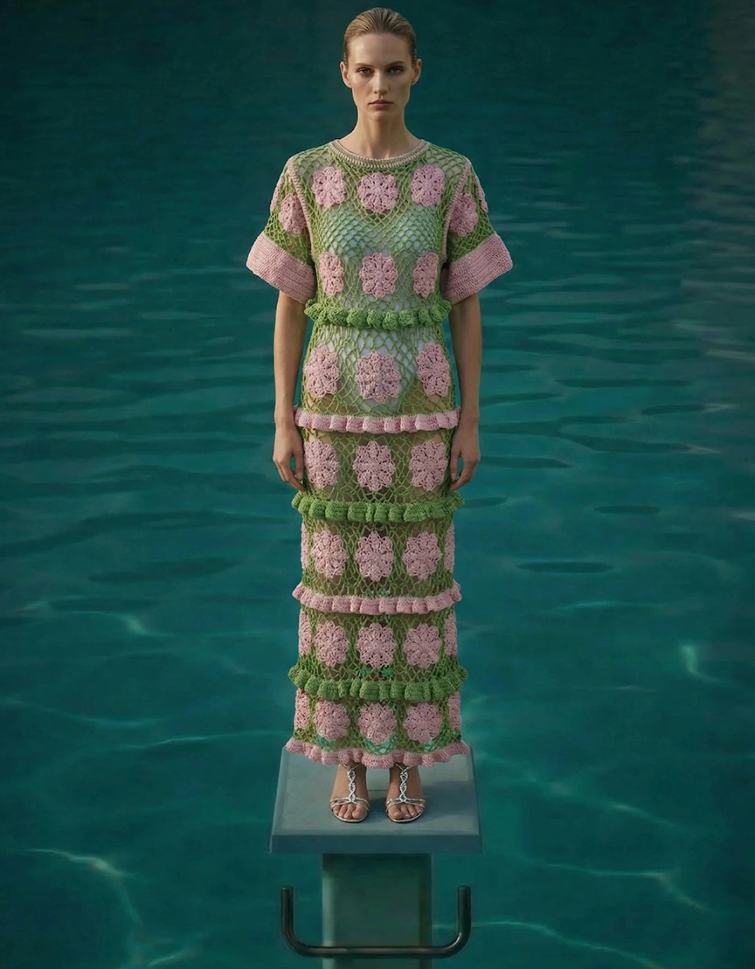 Elle Crochet Dress Green/Pink