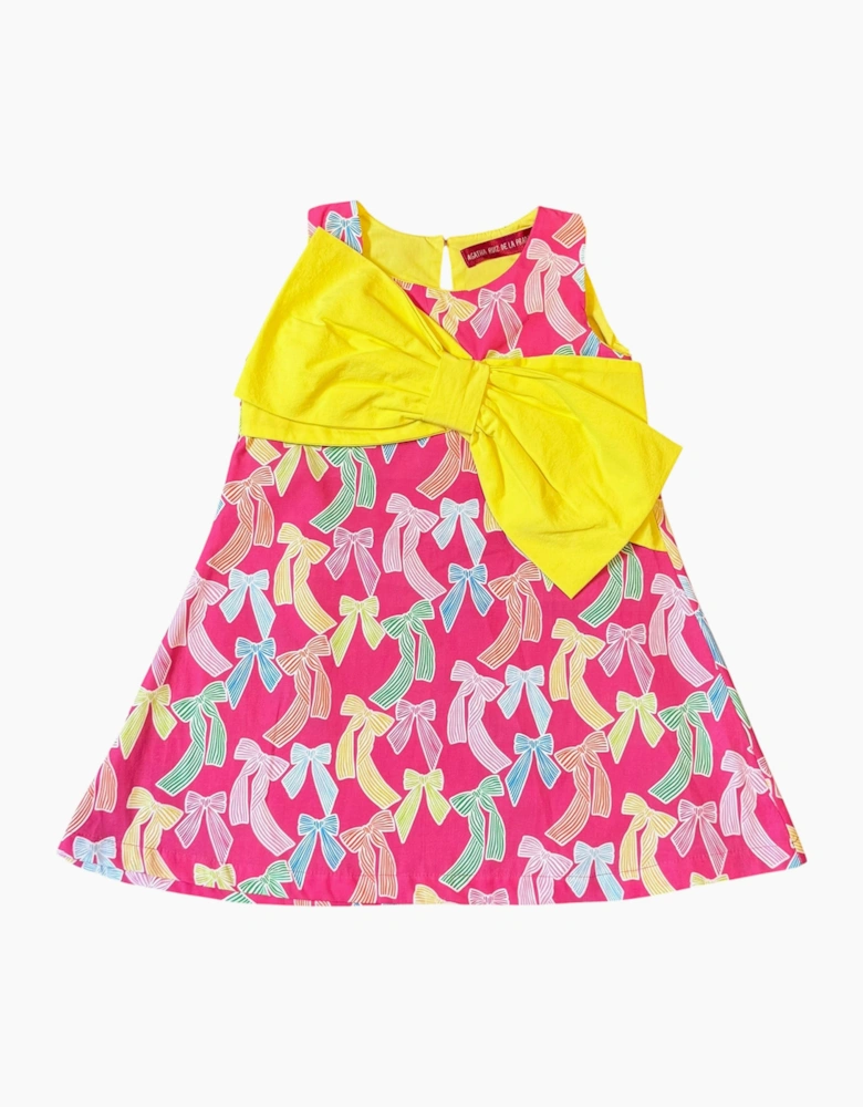 Girls Fuchsia Pink Yellow Bow Dress