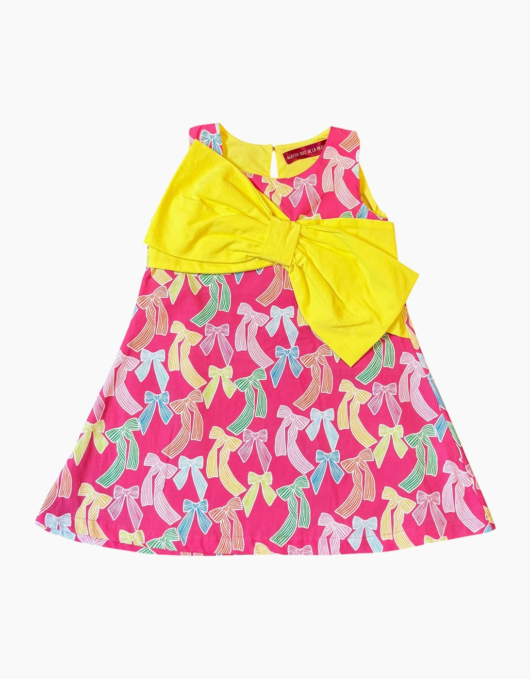 Girls Fuchsia Pink Yellow Bow Dress, 6 of 5