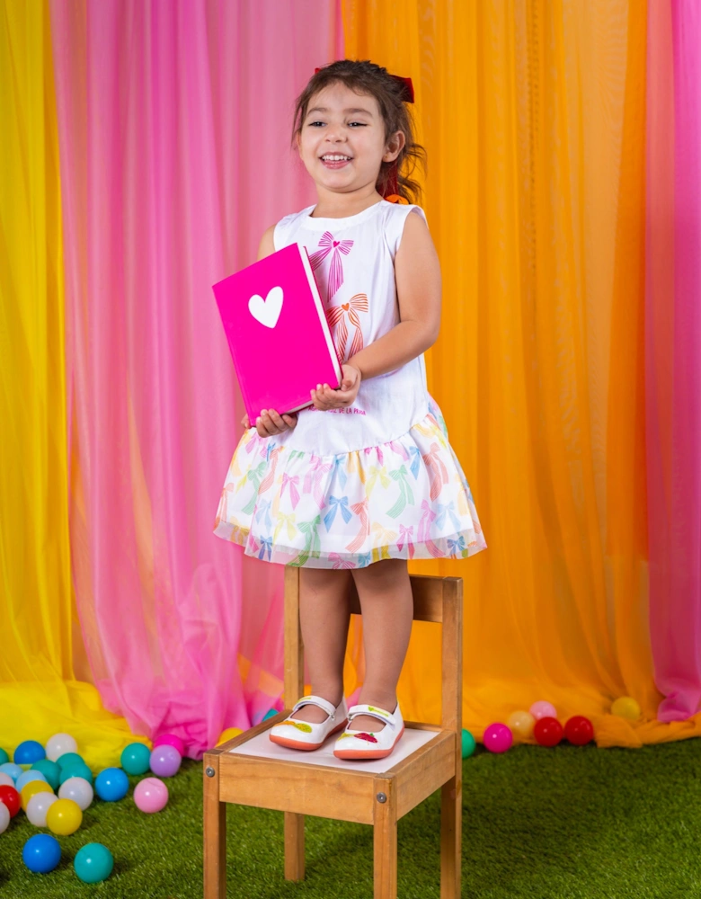 Girls White Pastel Bow Tulle Dress