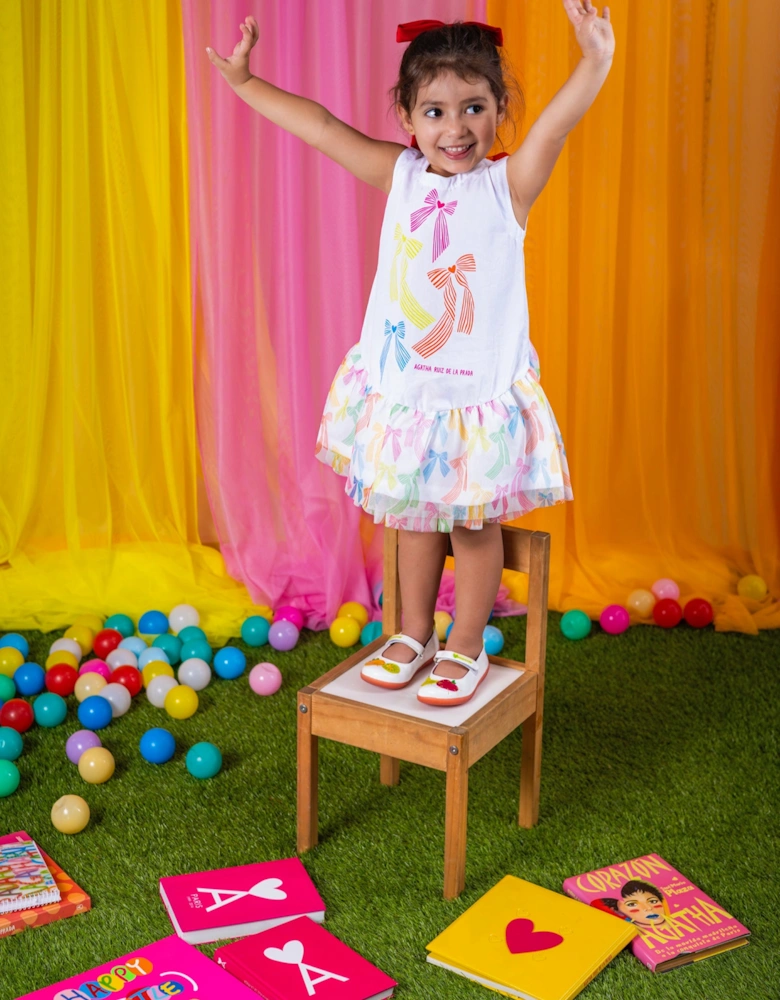 Girls White Pastel Bow Tulle Dress