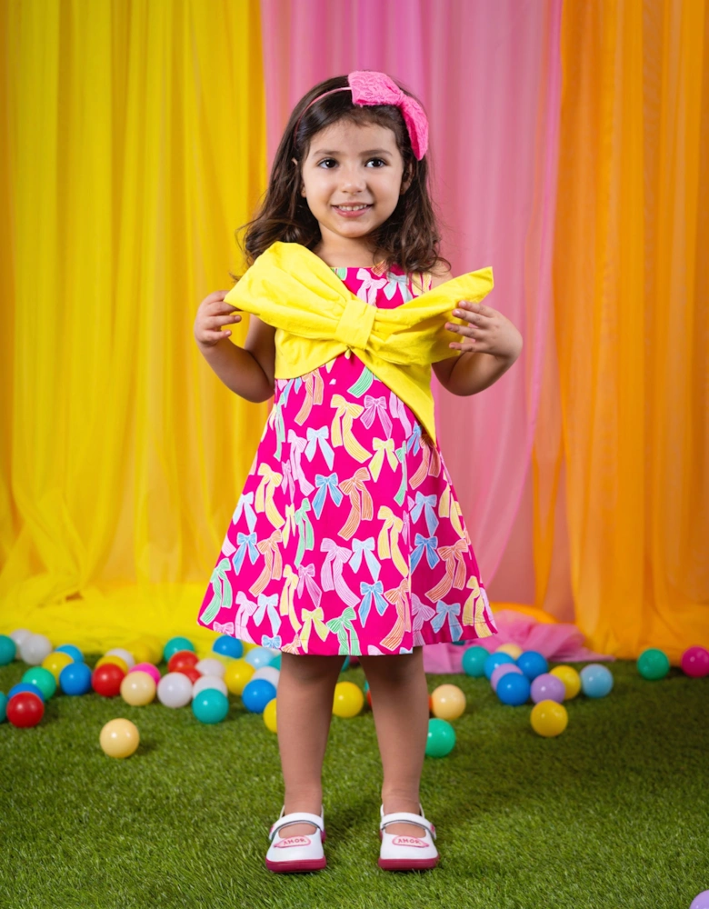 Girls Fuchsia Pink Yellow Bow Dress