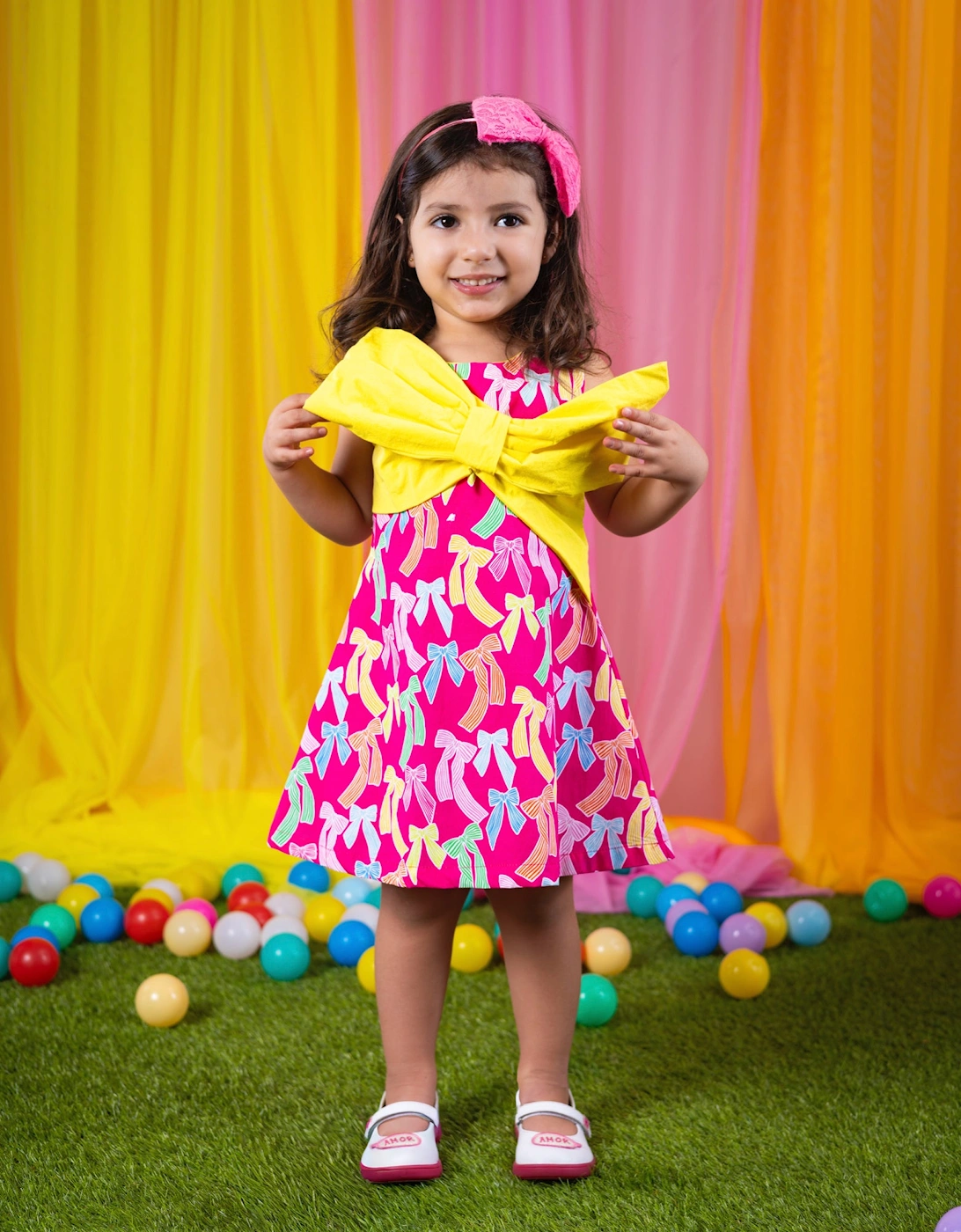 Girls Fuchsia Pink Yellow Bow Dress