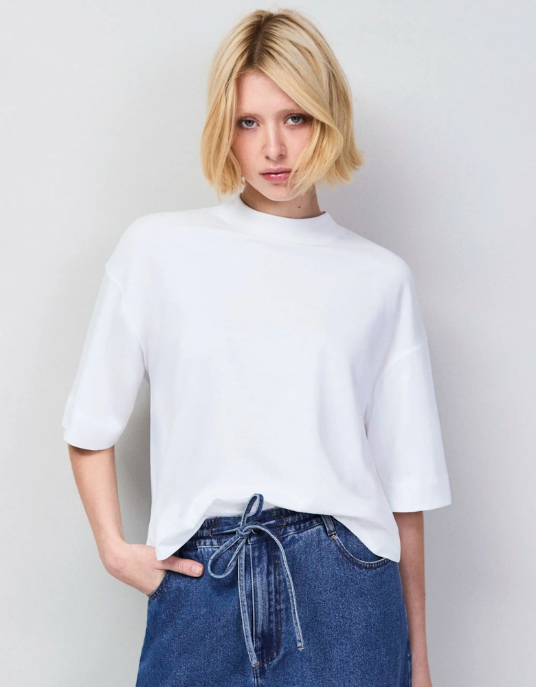 White Mock Neck Cotton T-Shirt