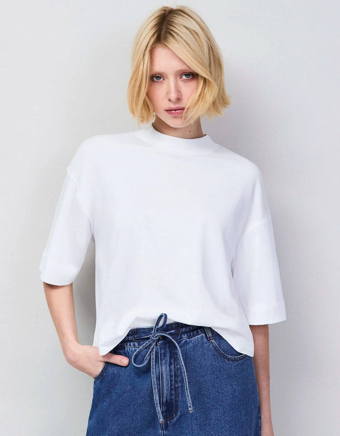 White Mock Neck Cotton T-Shirt