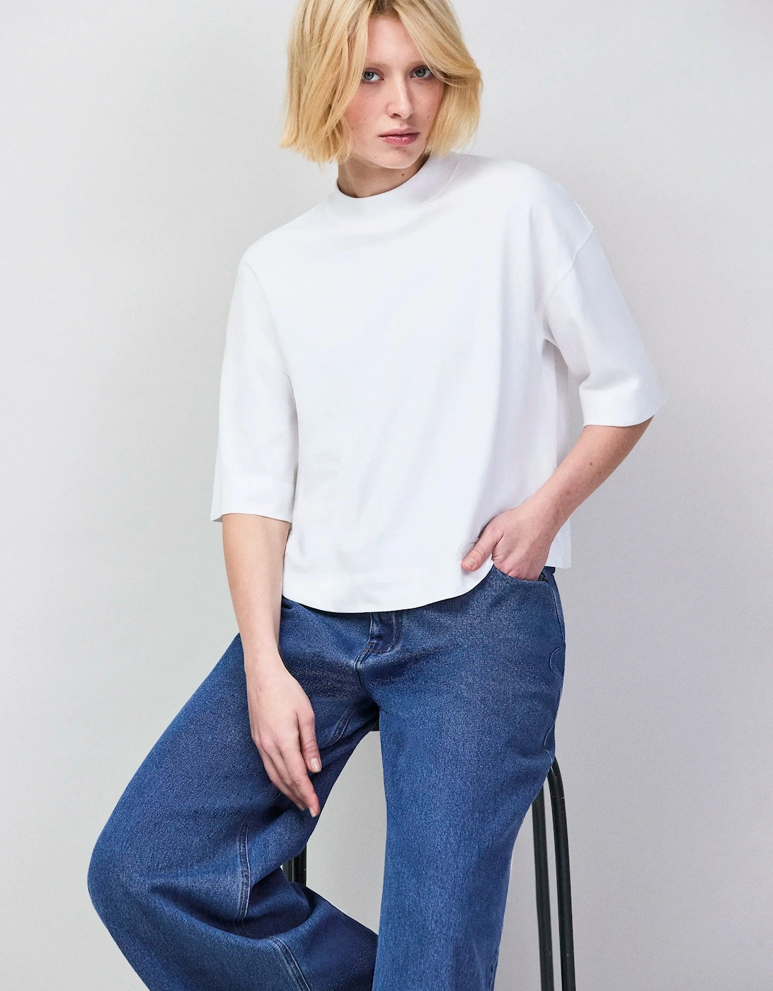 White Mock Neck Cotton T-Shirt