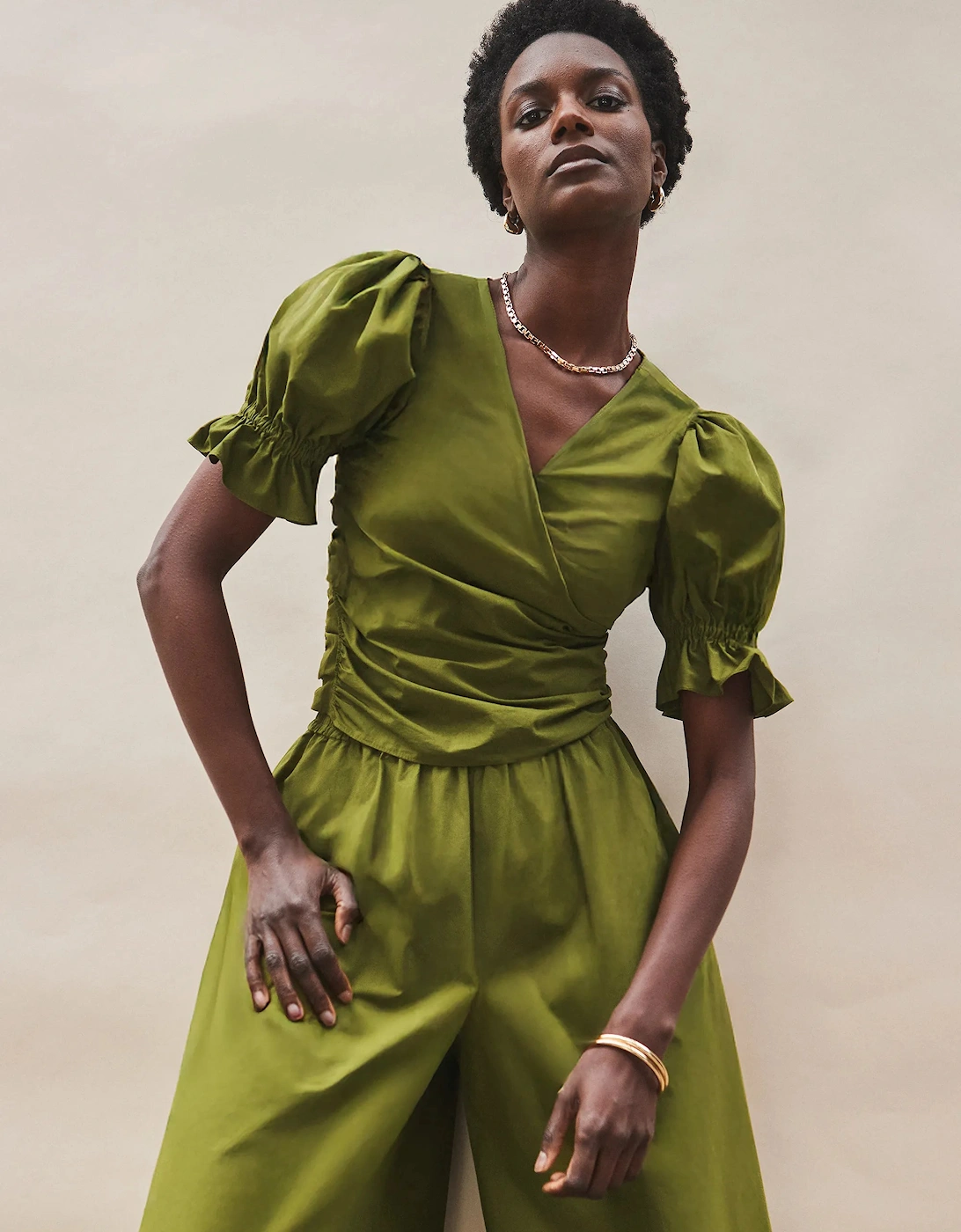 Khaki Cotton Poplin Wrap Top