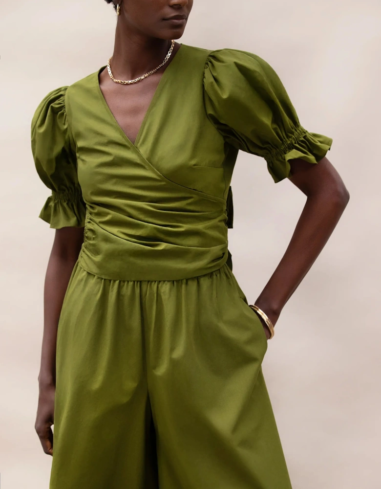 Khaki Cotton Poplin Wrap Top