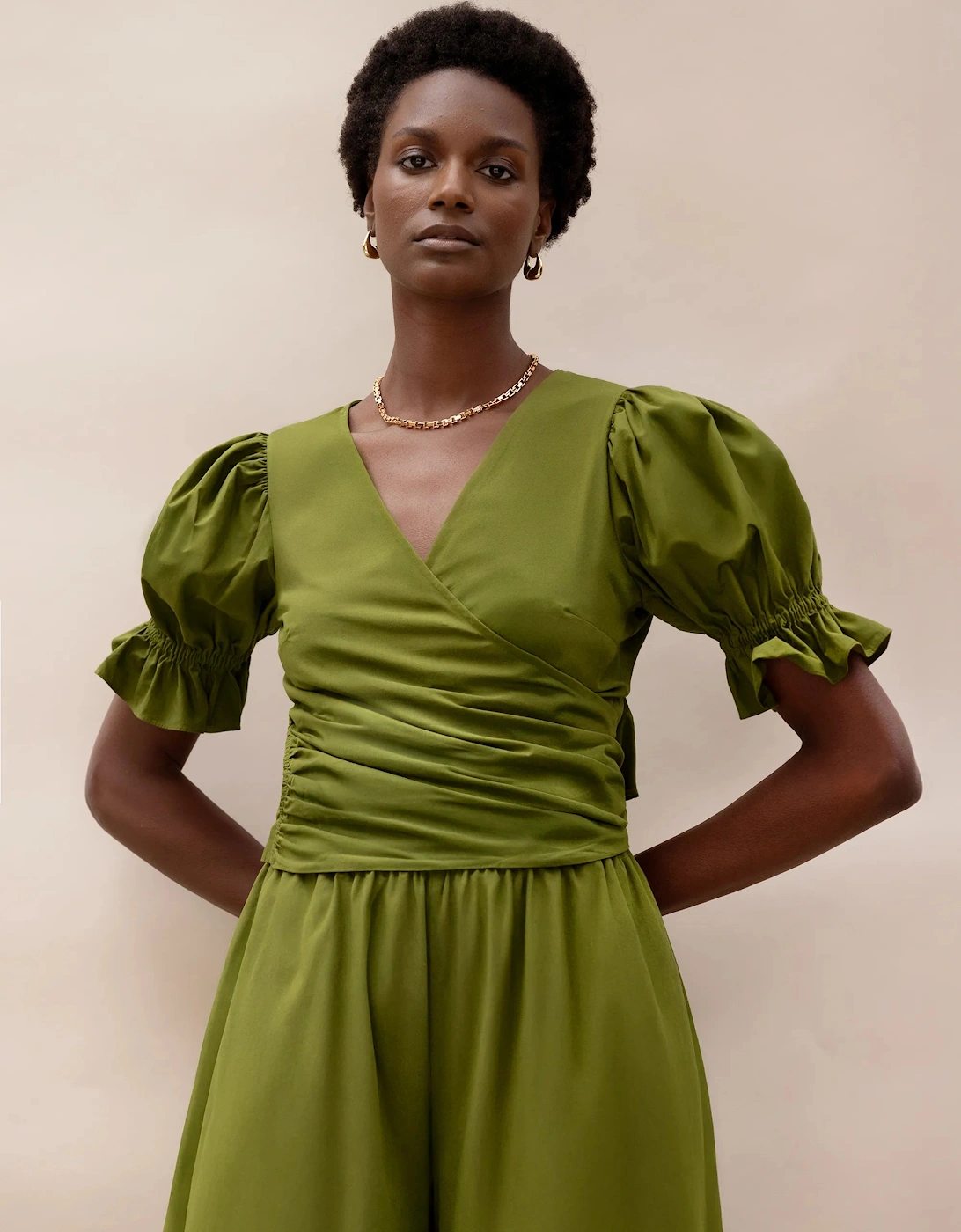 Khaki Cotton Poplin Wrap Top