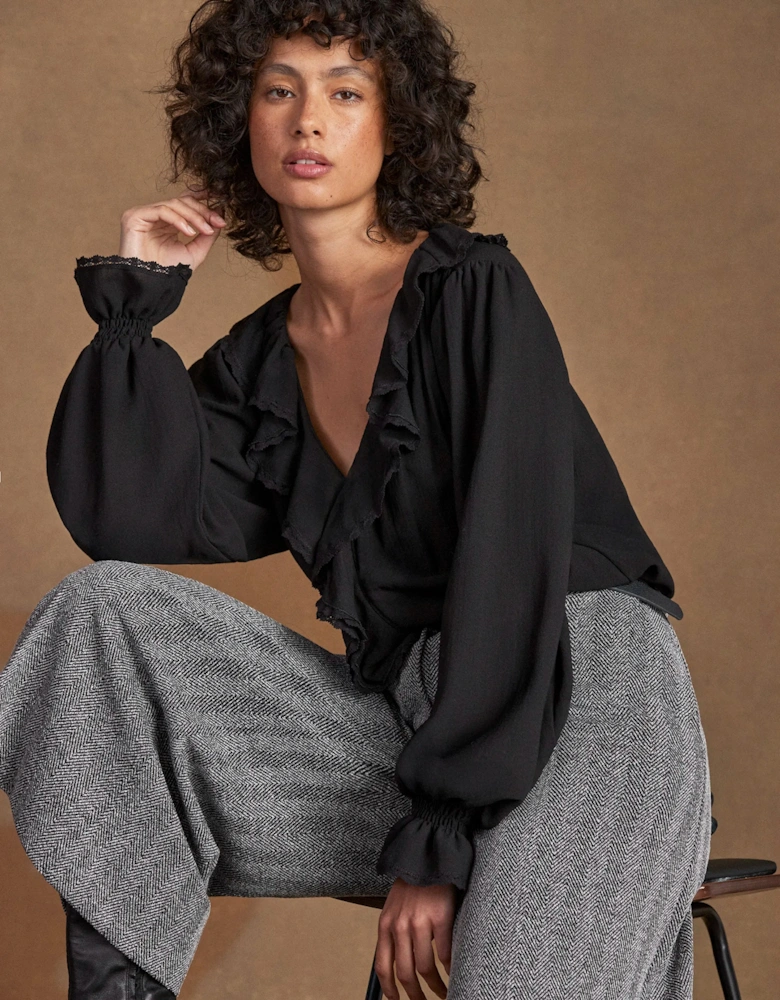 Black Ruffle-Front Blouse